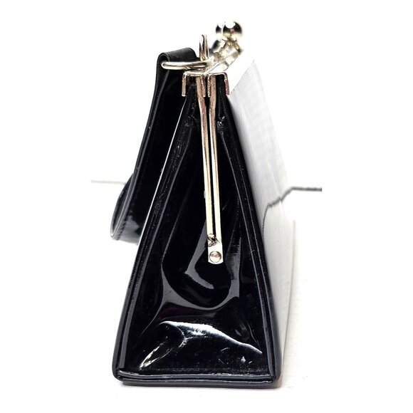 Vintage Black Patent Clutch Purse Gold Frame Kiss Lock - Picture 2 of 10